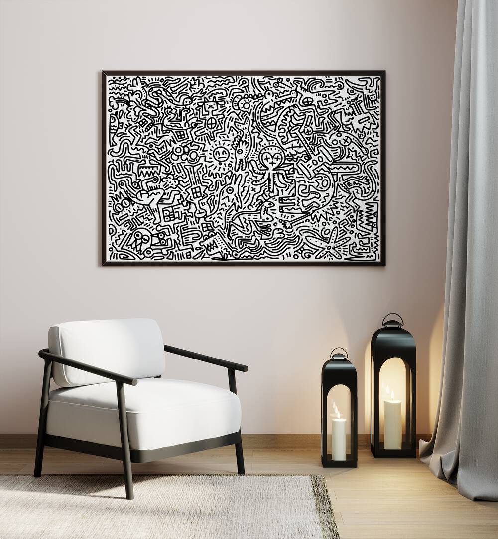 Scribble Symphony Doodle Art Painting in Black Plain Frame placed om wall behind a chair