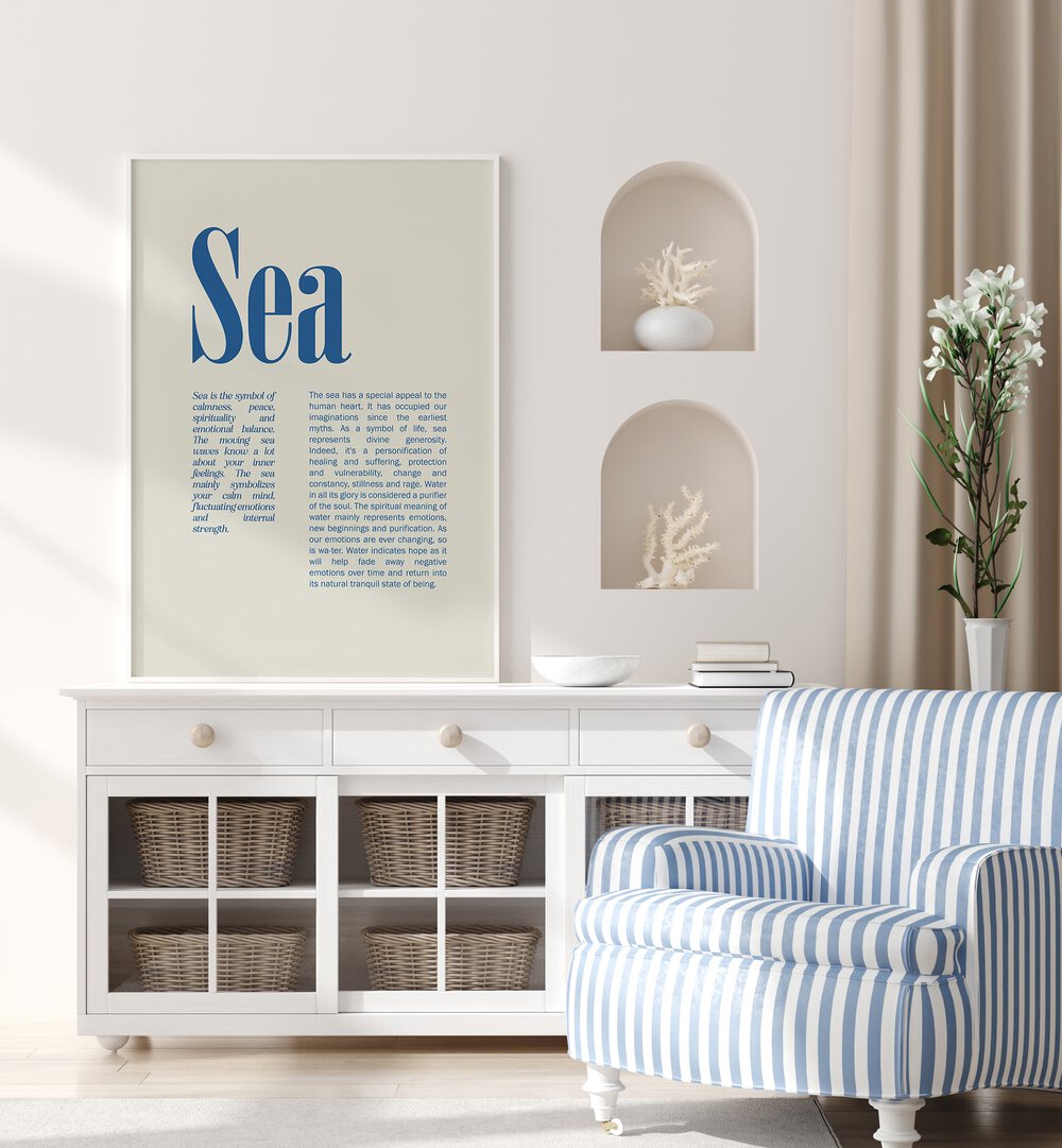 Sea Beach Prints Coastal Wall Art in White Plain Frame placed on a Console Table in the Drawing Room