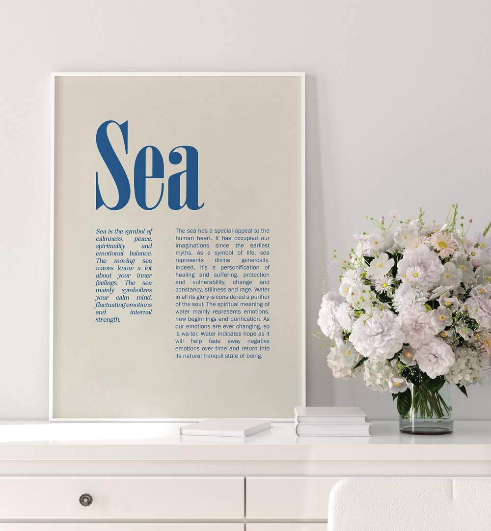 Sea Beach Prints Coastal Wall Art in White Plain Frame placed on a Console Table 