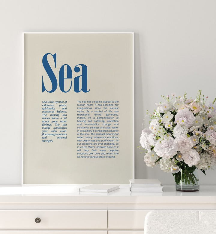 Sea Beach Prints Coastal Wall Art in White Plain Frame placed on a Console Table 