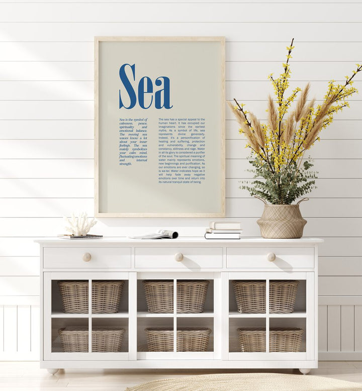 Sea Beach Prints Coastal Wall Art in Oak Wood Plain Frame placed Above a Console Table