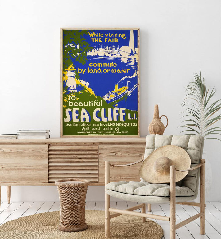 Sea Cliff II  Vintage Travel Posters in Oak Wood Plain Frame placed on a console table behind a chair