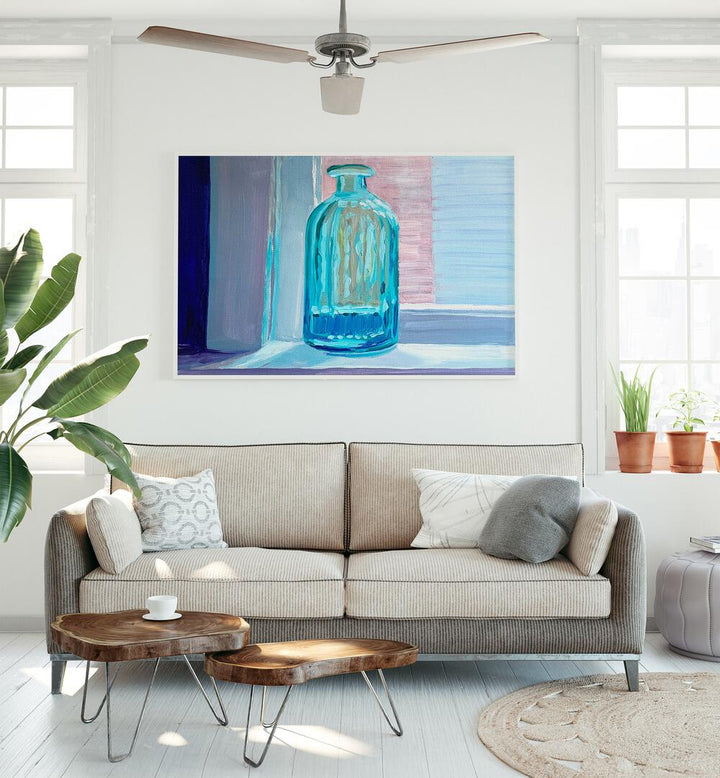 Sea Glass By Key And Sea Creative Art Print in White Plain Frame on a white wall behind a sofa for living room