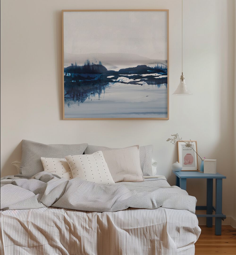 Sea View By Dan Hobday Abstract Art Abstract Paintings in Oak Wood Plain Frame placed on a Cream Colored Wall near a Bed in the Bedroom