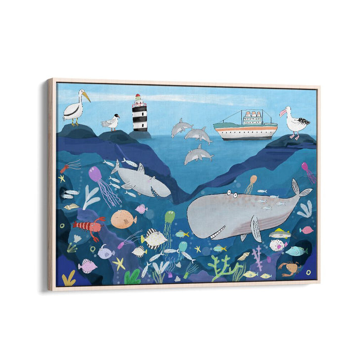 Sea World By Carla Daly Kids Painting in Oak Wood Floater Frame