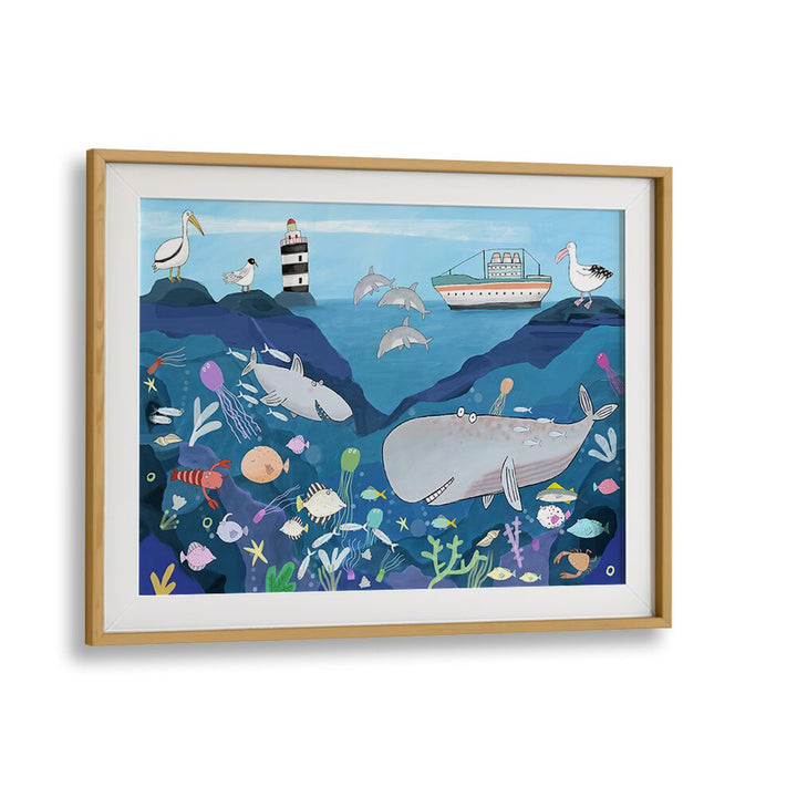 Sea World By Carla Daly Kids Painting in Oak Wood Frame With Mount