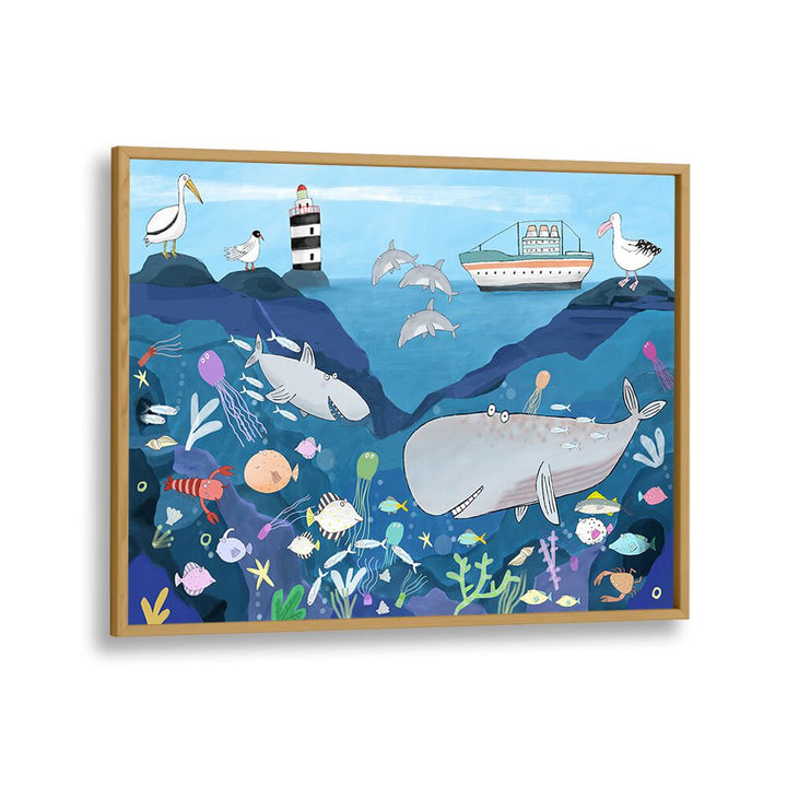 Sea World By Carla Daly Kids Painting in Oak Wood Plain Frame