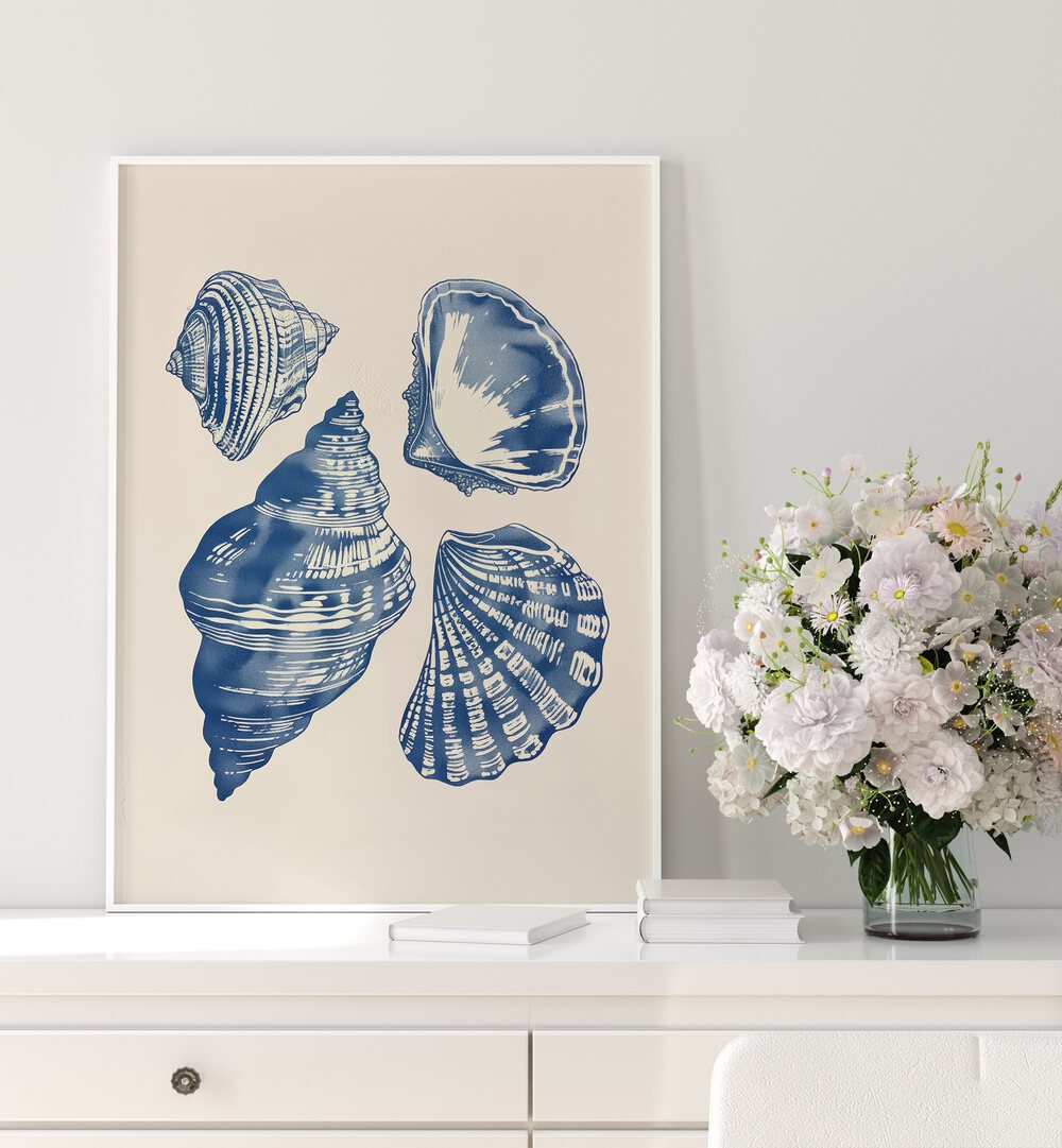 Seashore Jewels I Beach Prints Coastal Wall Art in White Plain Frame placed on a Console Table 