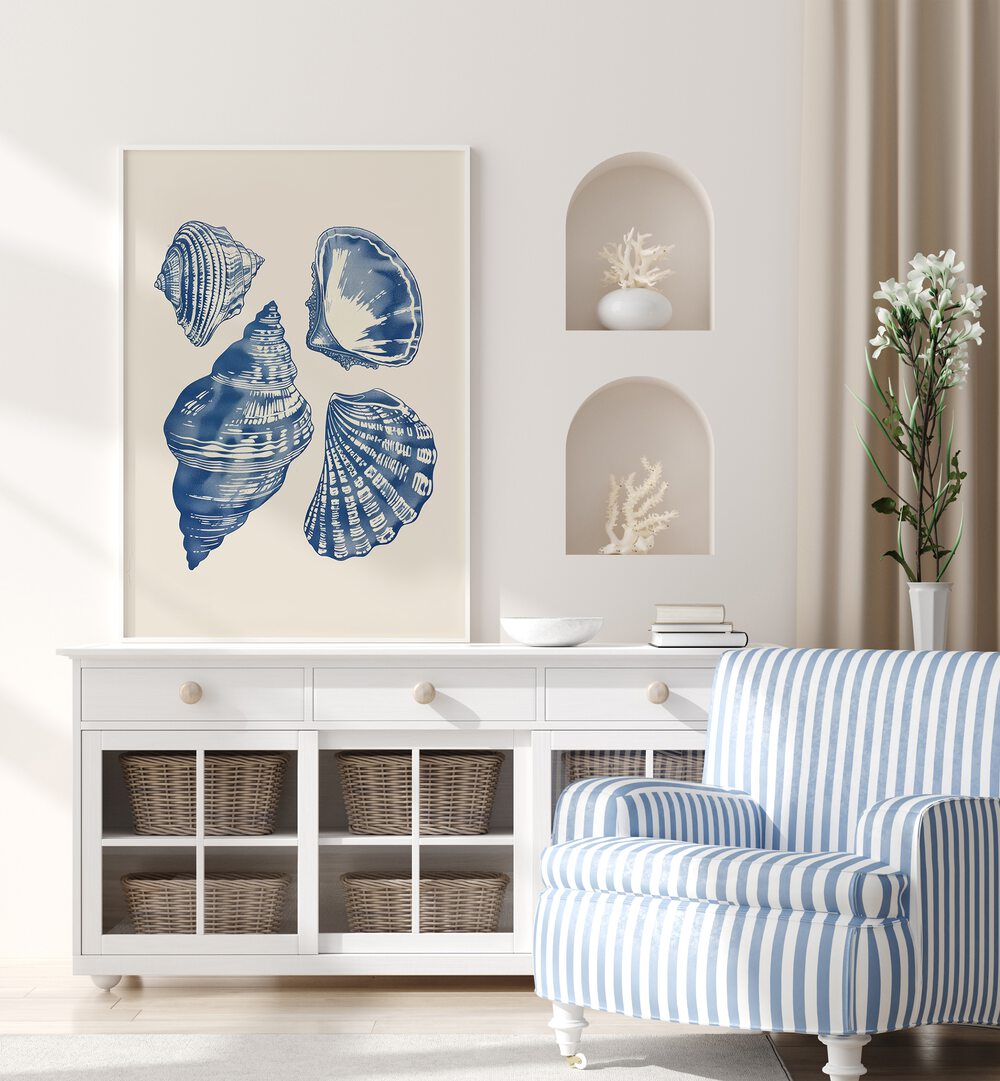 Seashore Jewels I Beach Prints Coastal Wall Art in White Plain Frame placed on a Console Table in the Drawing Room