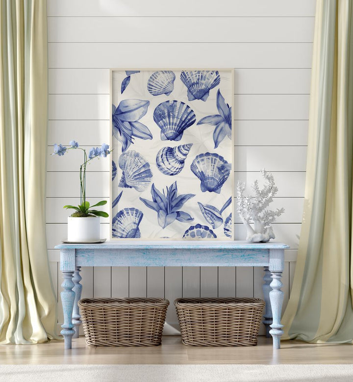 Seashore Jewels II Beach Prints Coastal Wall Art in Oak Wood Plain Frame placed on a Table in the Alley Way