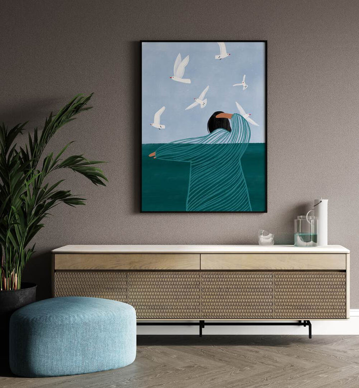 Seaside By Bea Muller Women Illustration Paintings in Black Plain Frame