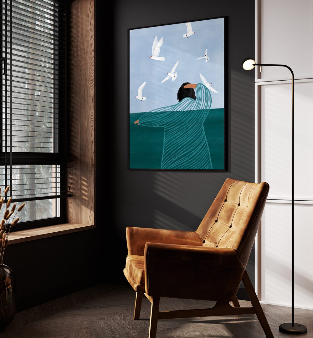 Seaside By Bea Muller Women Illustration Paintings in Black Plain Frame