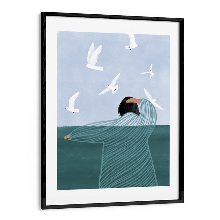 Seaside By Bea Muller Women Illustration Paintings in Black Frame With Mount