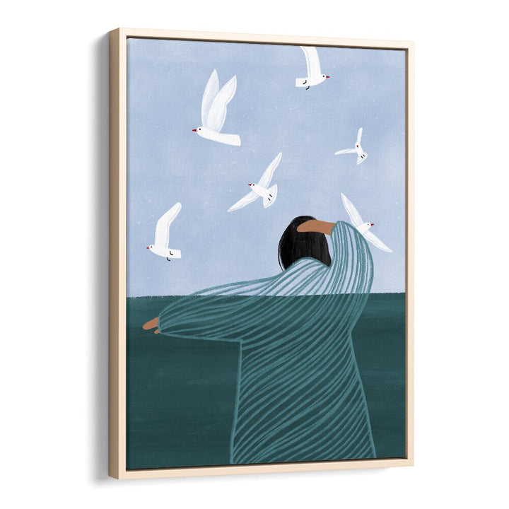 Seaside By Bea Muller Women Illustration Paintings in Oak Wood Floater Frame