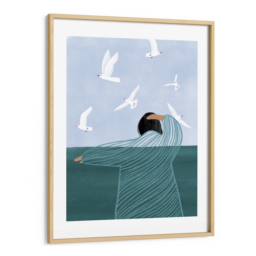 Seaside By Bea Muller Women Illustration Paintings in Oak Wood Frame With Mount