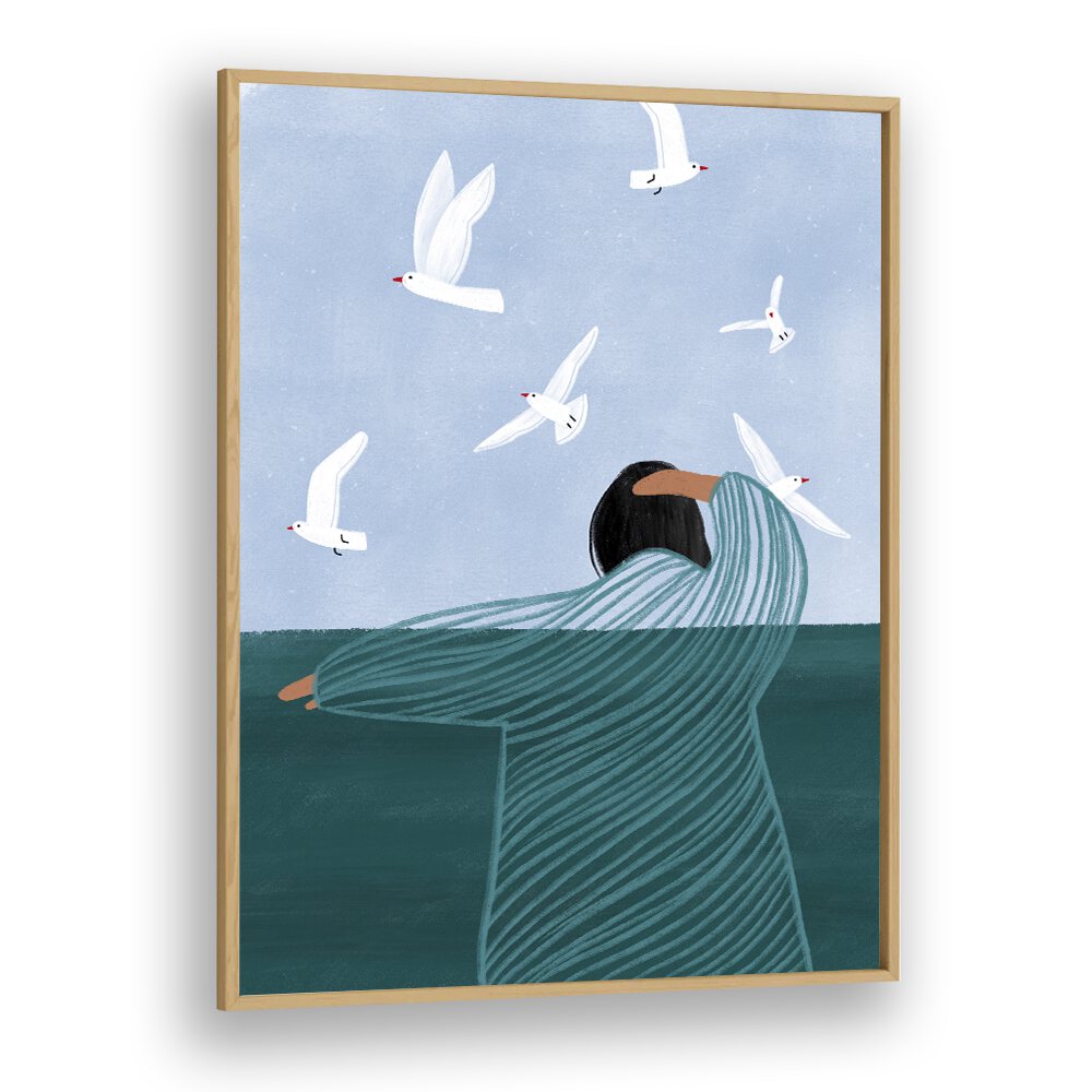 Seaside By Bea Muller Women Illustration Paintings in Oak Wood Plain Frame