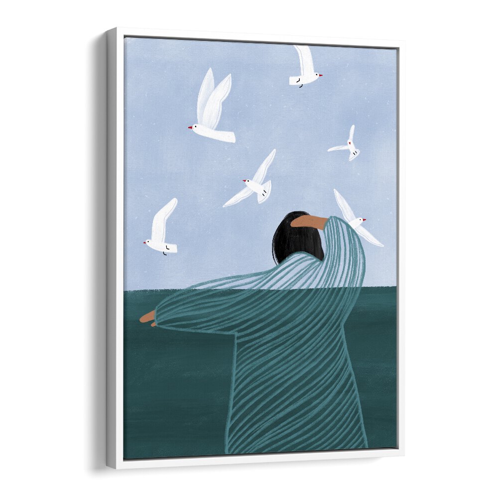 Seaside By Bea Muller Women Illustration Paintings in White Floater Frame