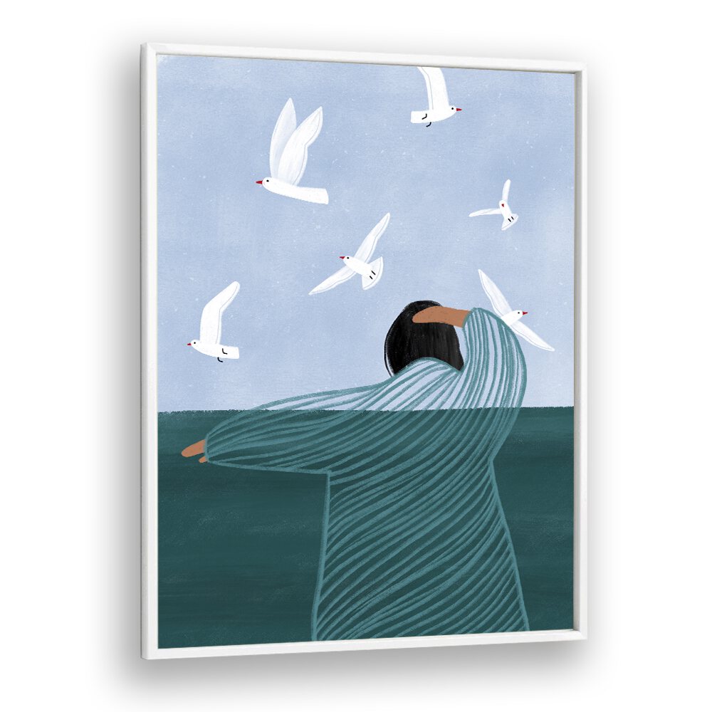 Seaside By Bea Muller Women Illustration Paintings in White Plain Frame