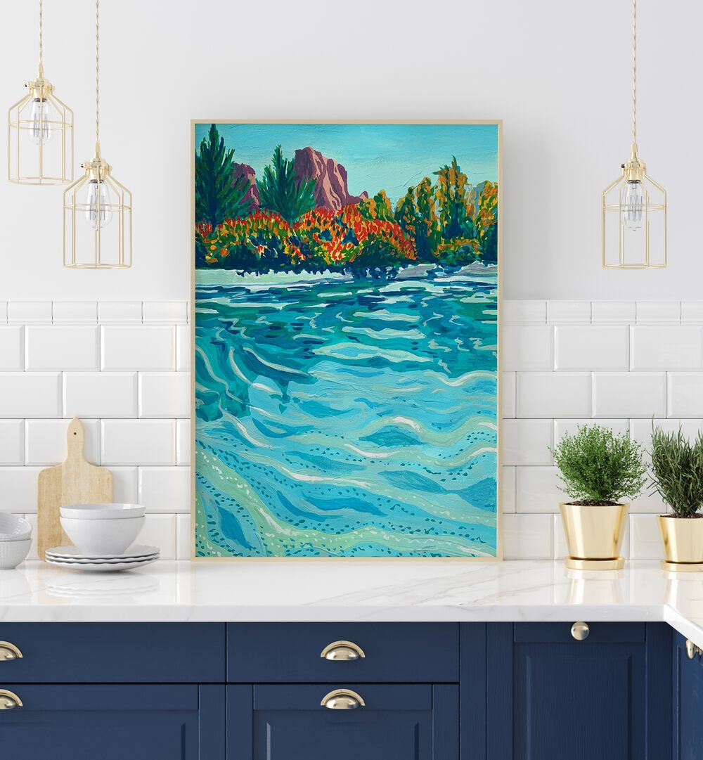 Sedona By Key And Sea Creative Landscape Art Print in Oak Wood Plain Frame on a kitchen counter for kitchen