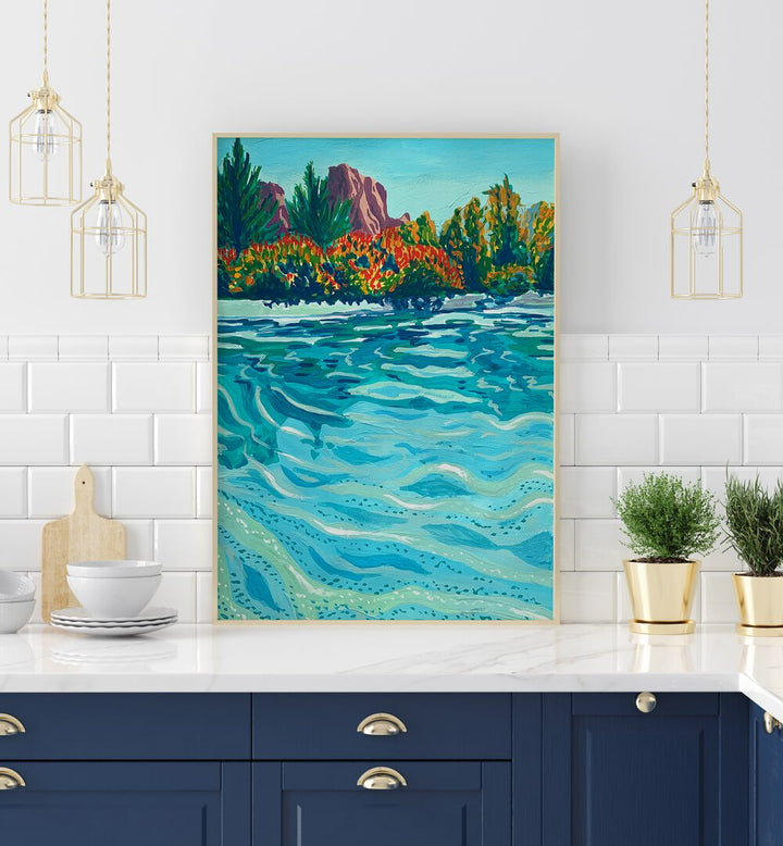 Sedona By Key And Sea Creative Landscape Art Print in Oak Wood Plain Frame on a kitchen counter for kitchen