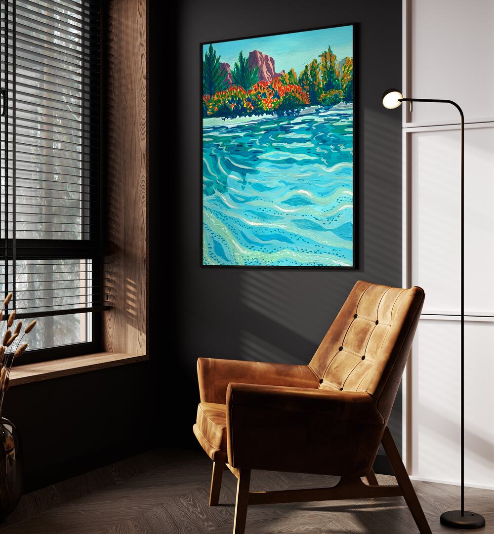 Sedona By Key And Sea Creative Landscape Art Print in Black Plain Frame on a grey wall beside a window 