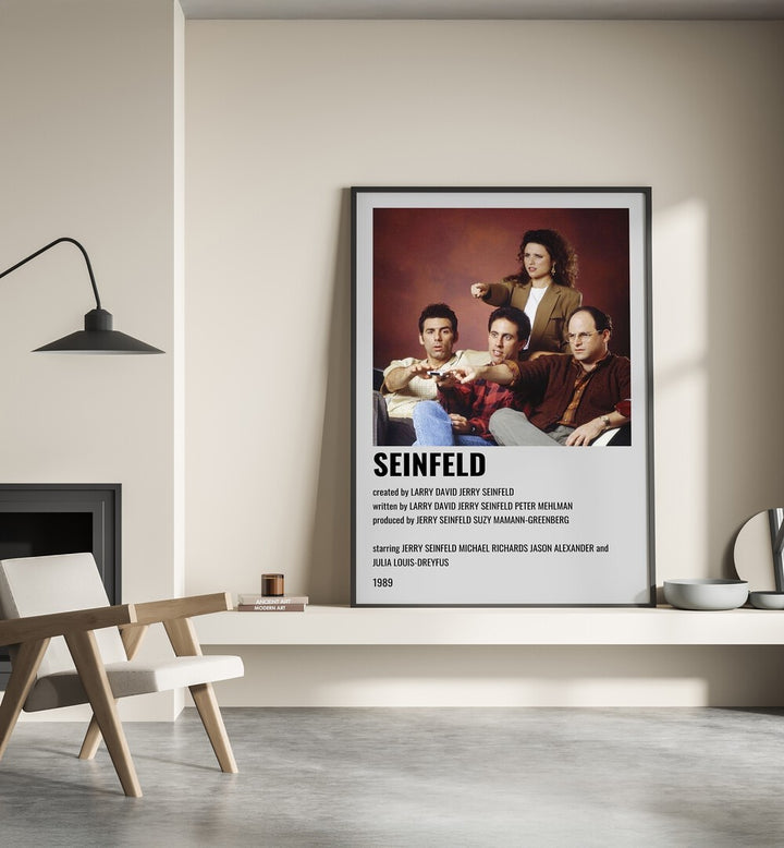 Seinfeld 1989 Movie Posters in Black Plain Frame place on a wall behind a chair beside lamp