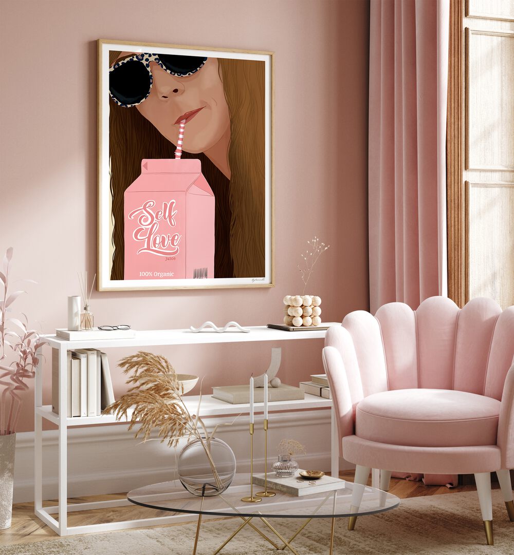 Self Love Portraits And Figurative Illustrations in Oak Wood Plain Frame placed on a Pink Colored Wall above a Shelf in the Drawing Room 