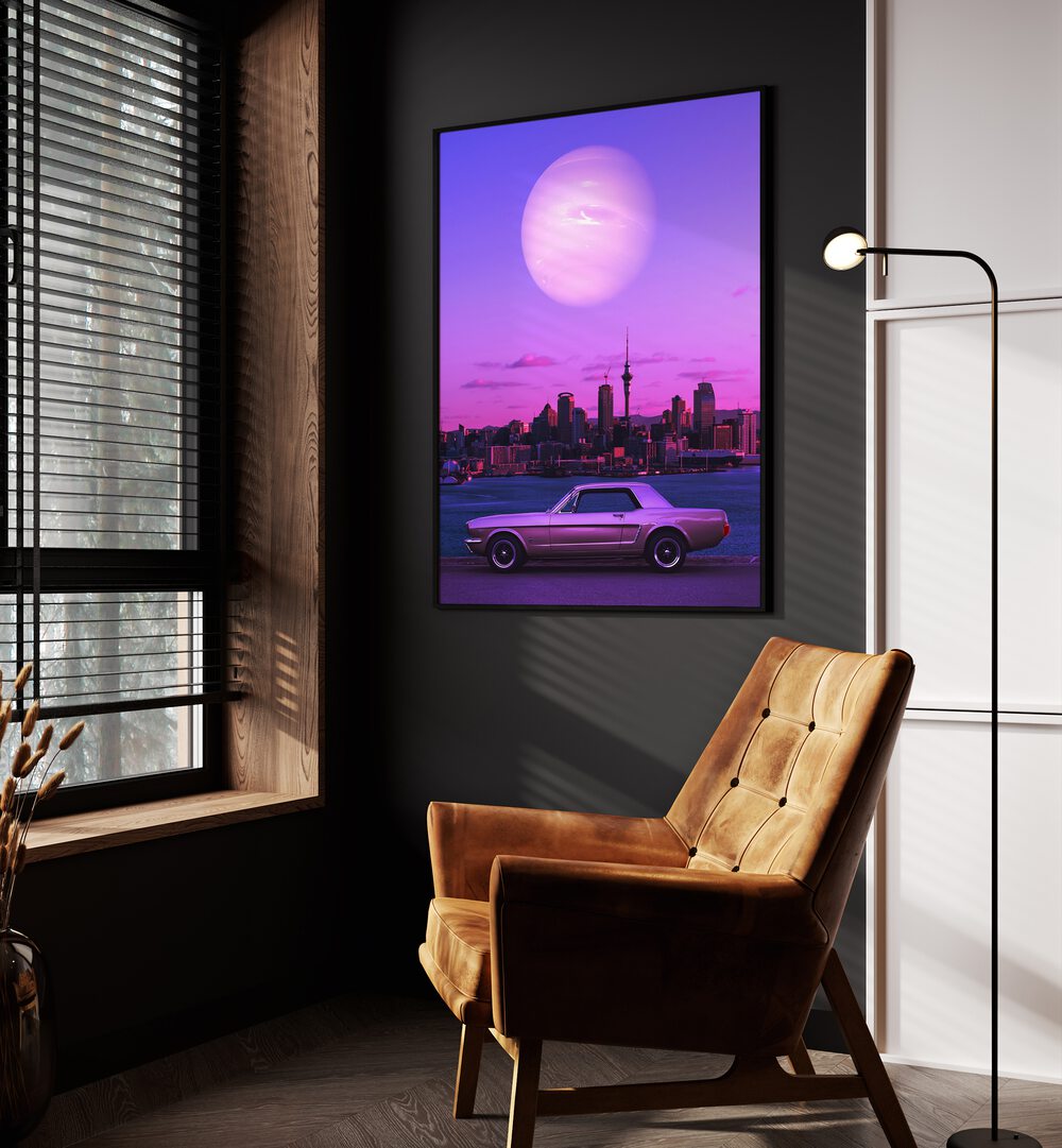 Serene Drive By Ritvik Takkar Surrealism in Black Plain Frame placed on a Dark Grey Colored Wall in the Drawing Room