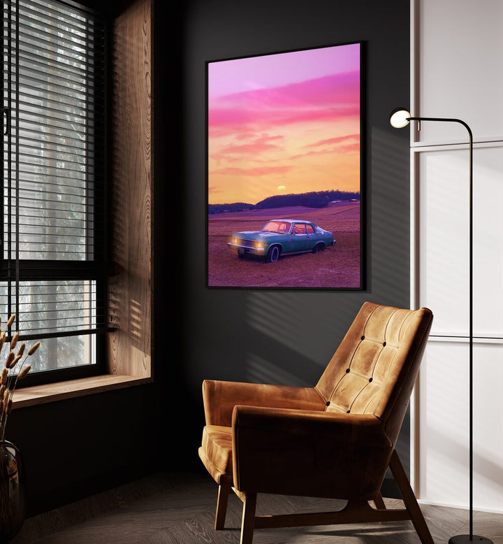 Serene View By Ritvik Takkar Surrealism in Black Plain Frame placed on a Dark Grey Colored Wall in the Drawing Room