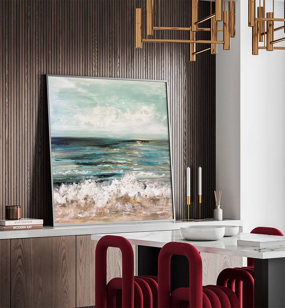 Stunning SERENE SEASCAPE, LANDSCAPE PAINTINGS enhancing modern decor with calming ocean hues and textures.