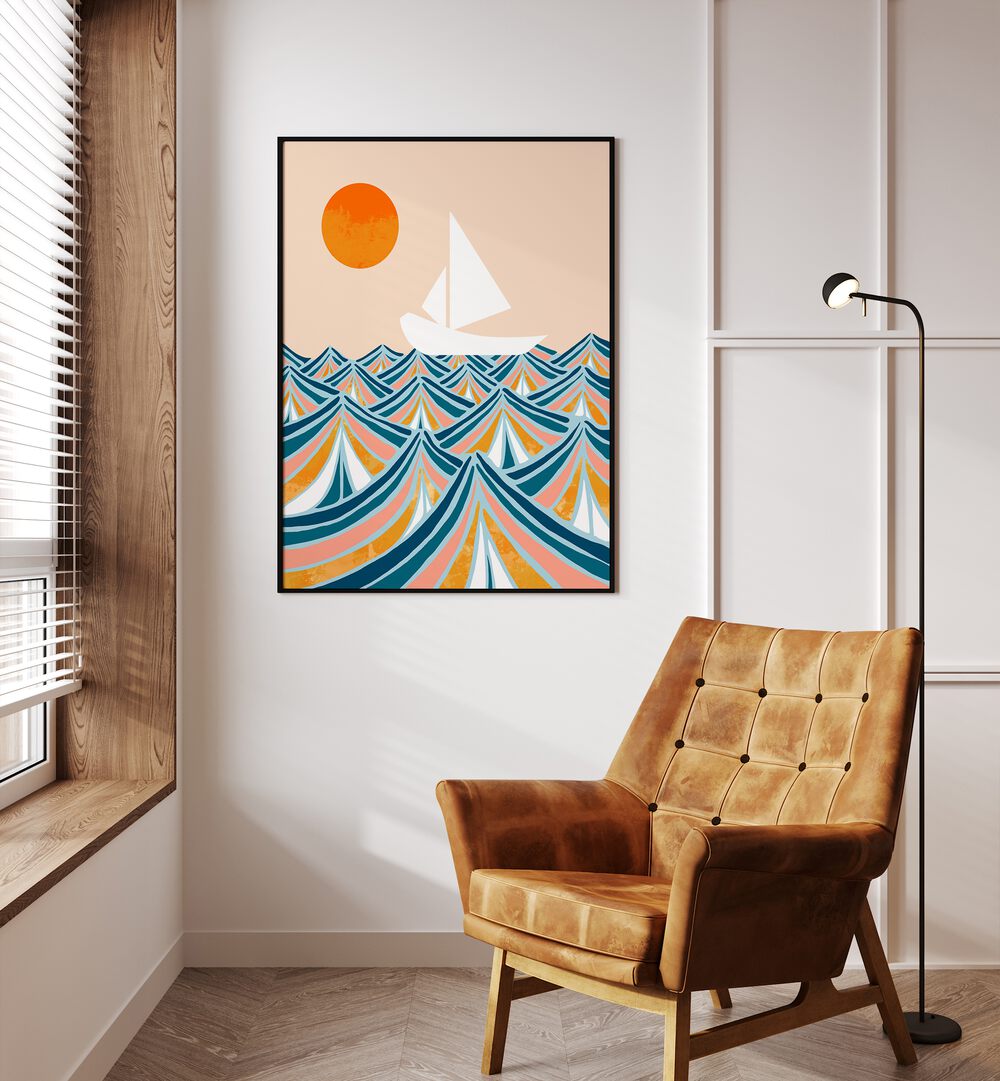 Set Sail By Uma Gokhale Landscape Art Prints in Black Plain Frame on a white wall beside a window