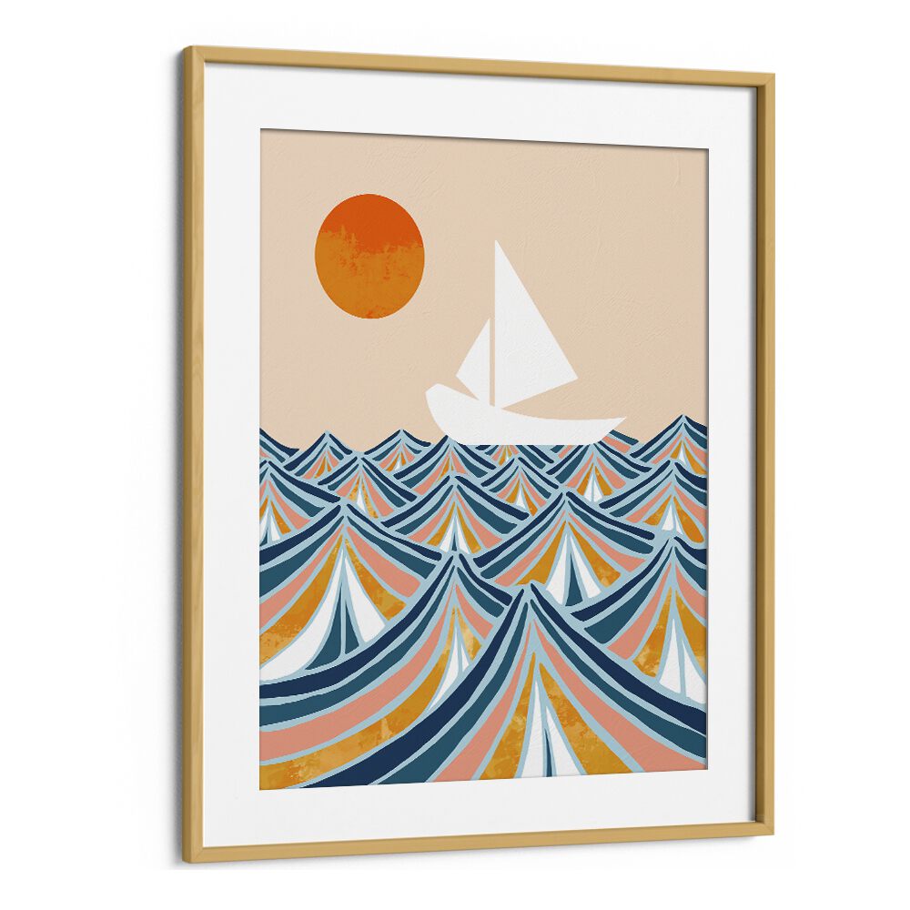 Set Sail By Uma Gokhale Landscape Art Prints in Oak Wood Frame With Mount