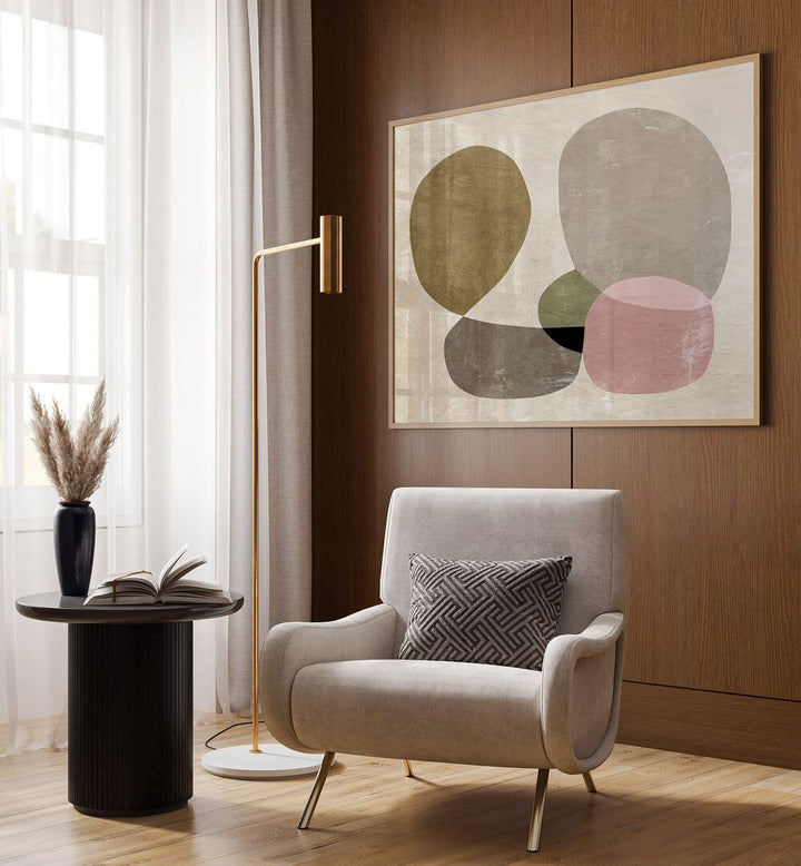 Seven By Dan Hobday Abstract Art Abstract Paintings in Oak Wood Plain Frame Placed on a Wooden Textured wall in the Drawing Room