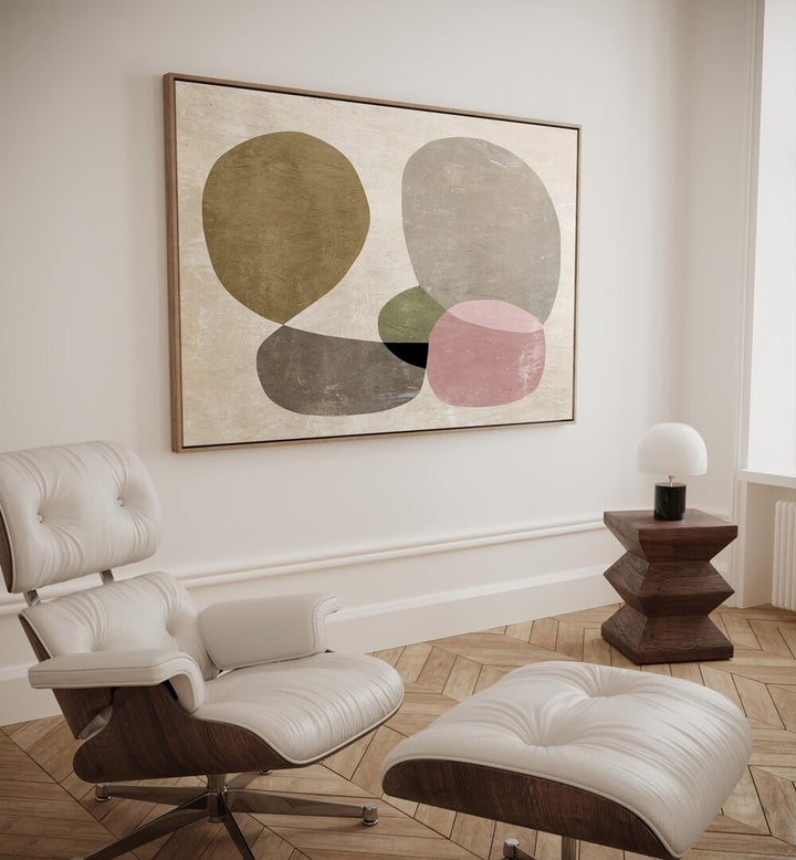 Seven By Dan Hobday Abstract Art Abstract Paintings in Oak Wood Plain Frame placed on a Cream Colored Wall in the Drawing Room