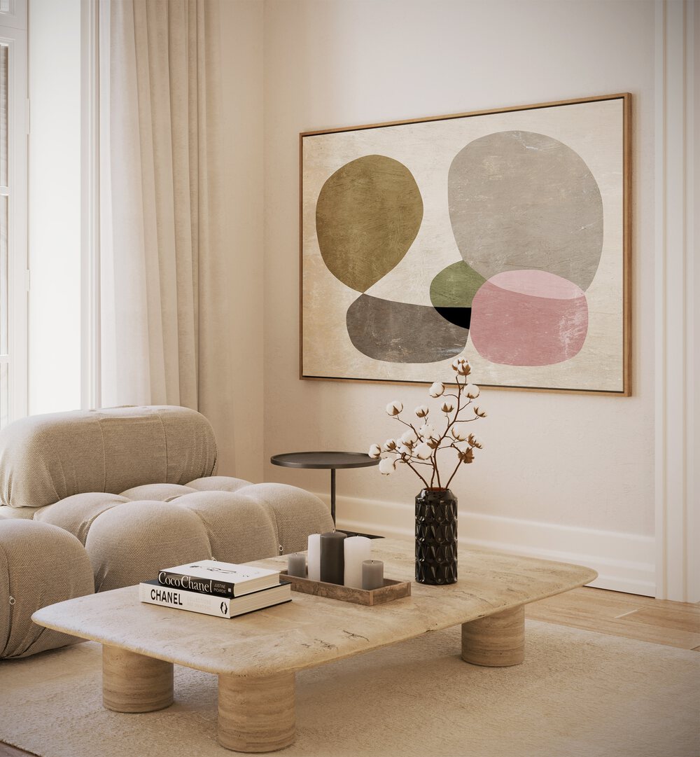 Seven By Dan Hobday Abstract Art Abstract Paintings in Oak Wood Plain Frame placed on a Cream Colored Wall in the Living Room