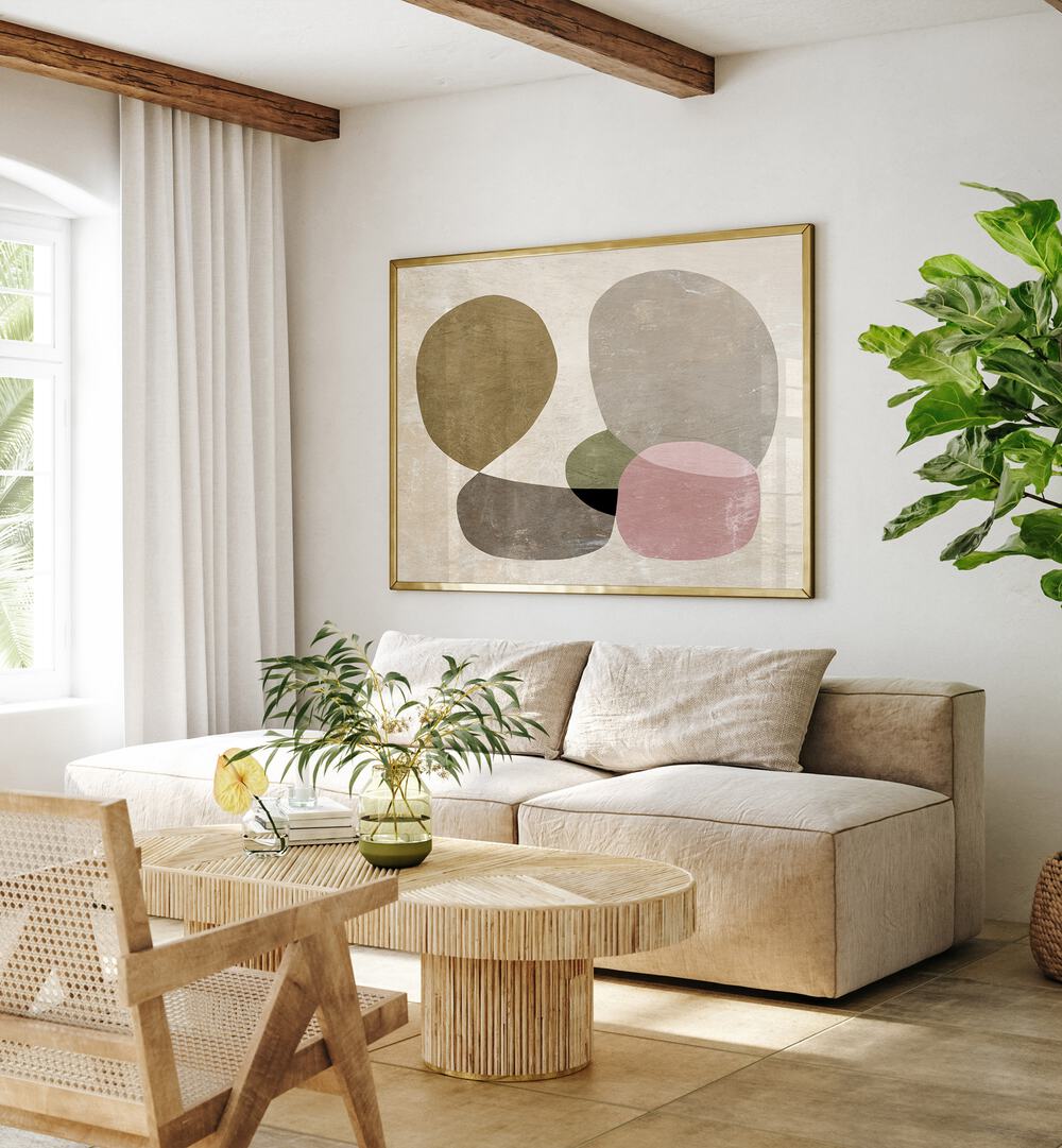 Seven By Dan Hobday Abstract Art Abstract Paintings in Oak Wood Plain Frame placed on a Cream Colored Wall near a Beige Sofa in the Living Room