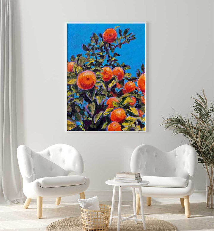 Framed SEVILLE ORANGES , KITCHEN POSTERS showing vibrant painted oranges and green leaves on blue background dining nook