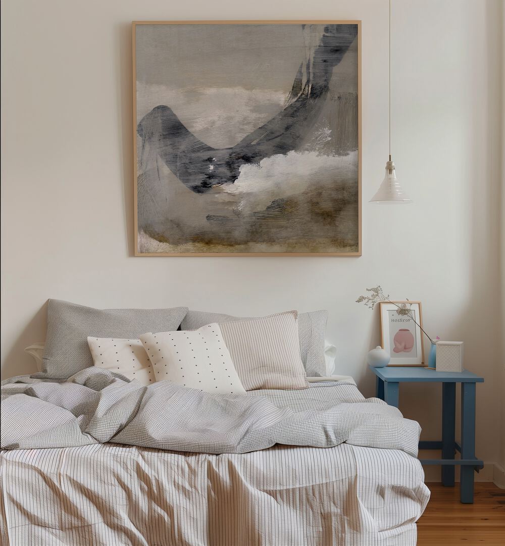 Shades By Dan Hobday Abstract Art Abstract Paintings in Oak Wood Plain Frame placed on a White Colored Wall near a Bed in the Bedroom