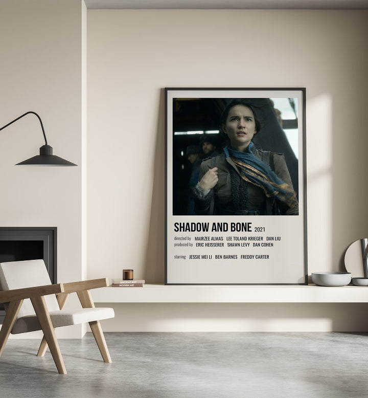 Shadow Bone 2021 Movie Posters in Black Plain Frame place on a wall behind a chair beside lamp