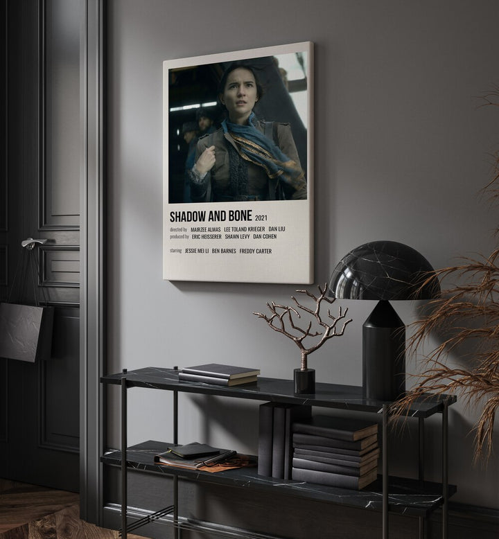 Shadow Bone 2021 Movie Posters in Gallery Wrap hanging on wall above console table beside door and window