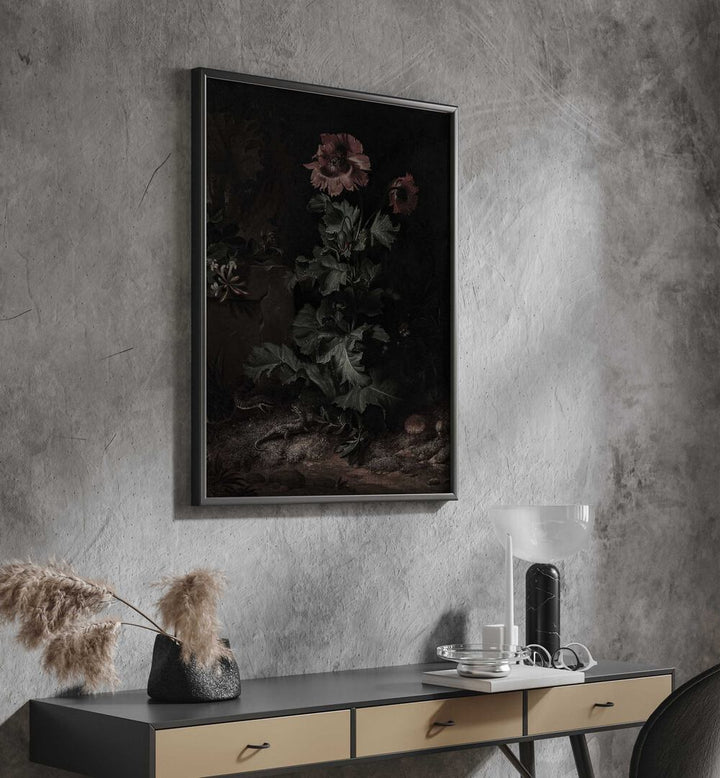 Shadows In Bloom Gothic Wall Art Prints in Black Plain Frame hanging on wall above console table.