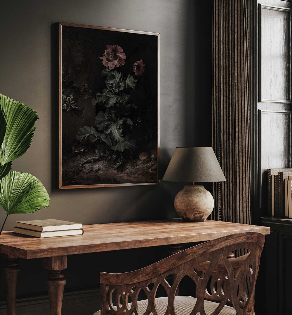 Shadows In Bloom Gothic Wall Art Prints in Oak Wood Plain Frame hanging on wall above study table beside a window.