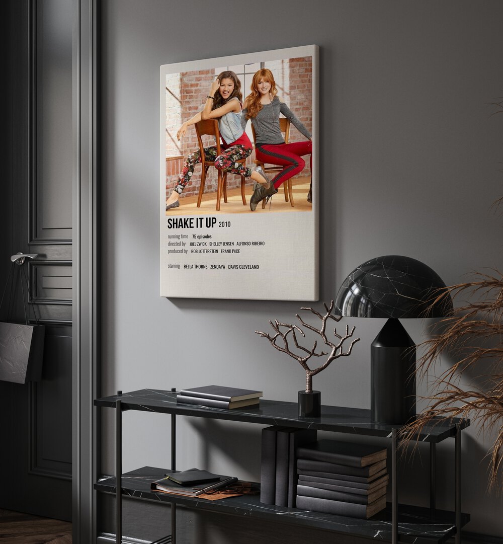 Shake It Up 2010 Movie Posters in Gallery Wrap hanging on wall above console table beside door and window