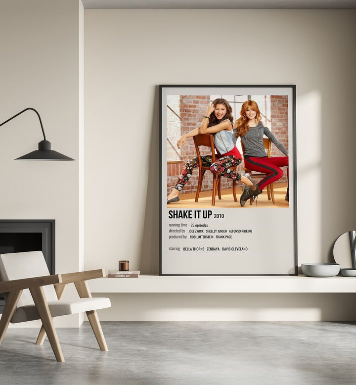 Shake It Up 2010 Movie Posters in Black Plain Frame place on a wall behind a chair beside lamp