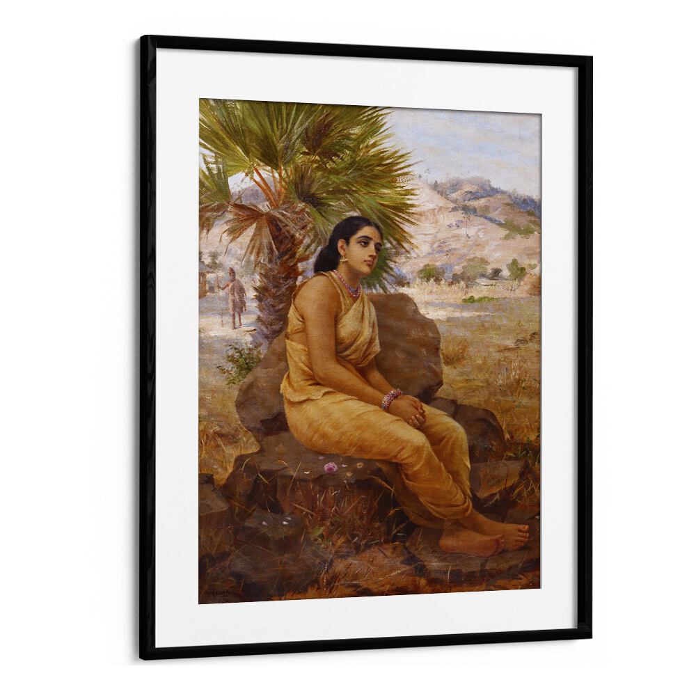 Shakuntala Lost In Thoughts (1901) By Raja Ravi Varma Indian Paintings in Black Frame With Mount