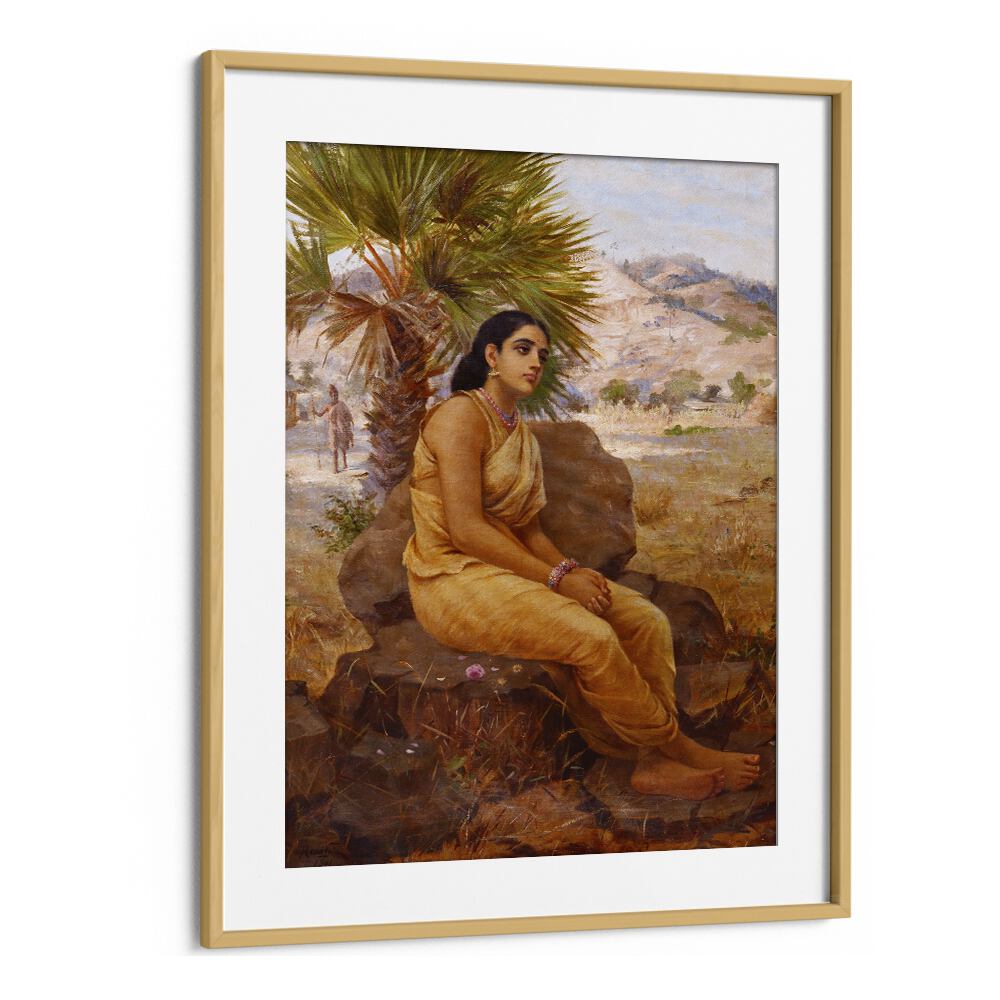 Shakuntala Lost In Thoughts (1901) By Raja Ravi Varma Indian Paintings in Oak Wood Frame With Mount