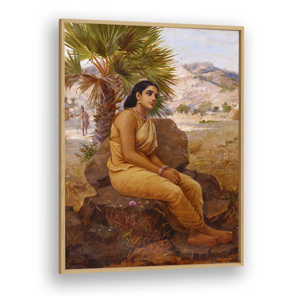 Shakuntala Lost In Thoughts (1901) By Raja Ravi Varma Indian Paintings in Oak Wood Plain Frame