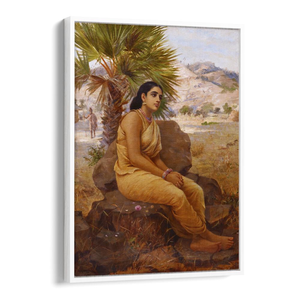 Shakuntala Lost In Thoughts (1901) By Raja Ravi Varma Indian Paintings in White Floater Frame