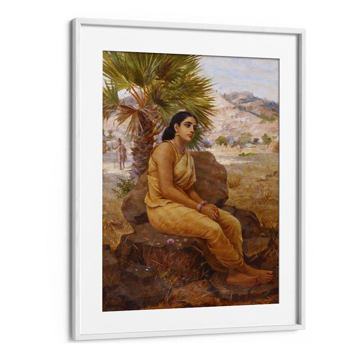 Shakuntala Lost In Thoughts (1901) By Raja Ravi Varma Indian Paintings in White Frame With Mount