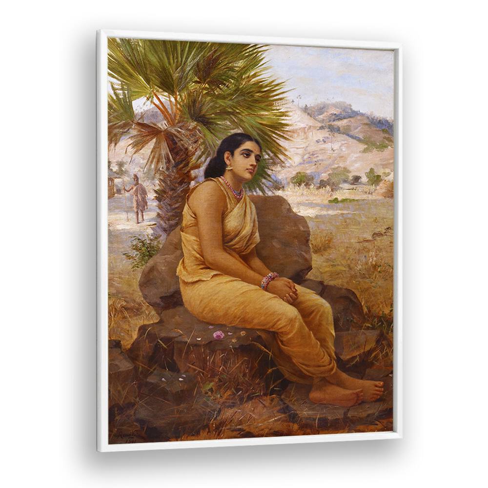 Shakuntala Lost In Thoughts (1901) By Raja Ravi Varma Indian Paintings in White Plain Frame